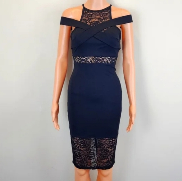 LF SEEK The Lable Black Cold Shoulder Lace Bodycon Dress - Picture 1 of 10